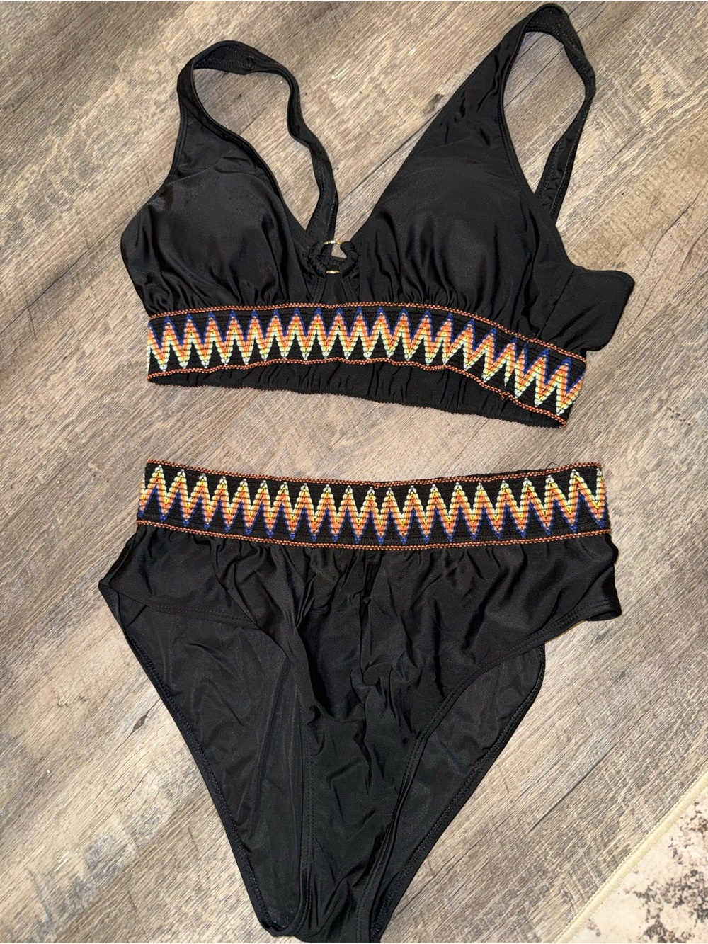 Black Women's Two-Piece Swim Set with Colorful Chevron Trim